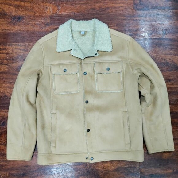 Old Navy Mens Coat M Tan Beige Faux Suede Snap Button Sherpa Lined  Size - Picture 2 of 10